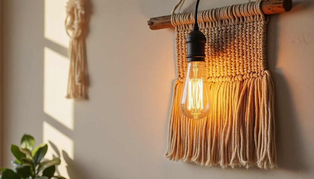 Applique murale en corde et bois : charme naturel et lumière douce