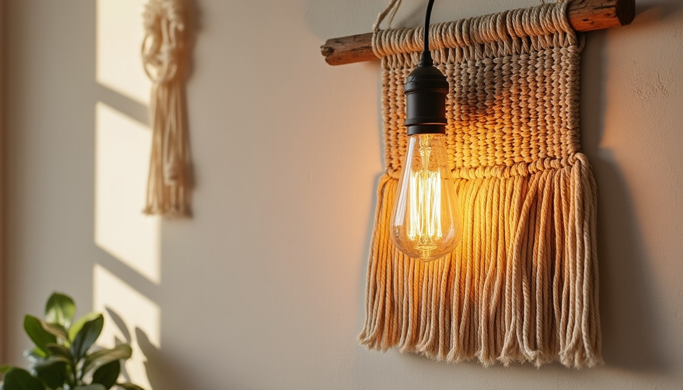 Applique murale en corde et bois : charme naturel et lumière douce